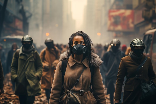 Foto la gente usa máscaras porque el medio ambiente está siendo destruido por el polvo fino.