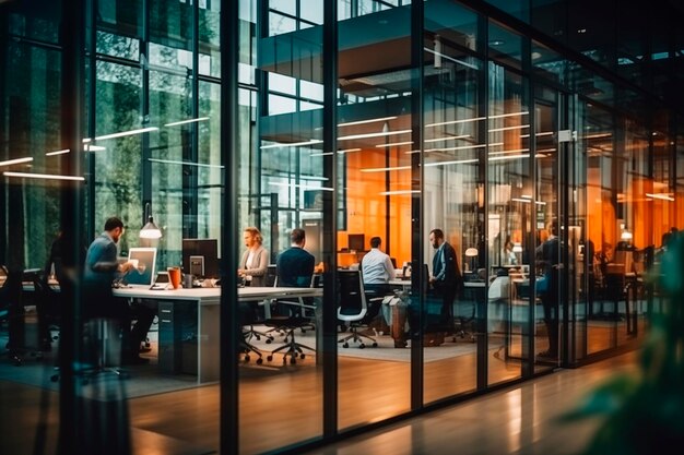 Gente en una zona de oficina aislada con ventanas con temas industriales y tecnológicos