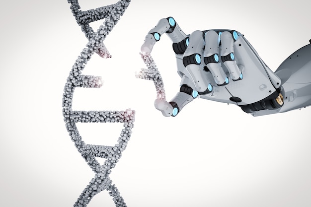 Gentechnikkonzept mit 3D-Rendering-Roboterhandbearbeitung von DNA-Helix