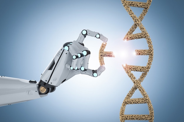 Gentechnikkonzept mit 3D-Rendering-Roboterhandbearbeitung von DNA-Helix