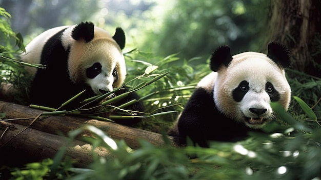 Gentiles pandas gigantes comiendo pacíficamente el bambú su comida favorita estas adorables criaturas con su pelaje blanco y negro y caras redondas generadas por la IA