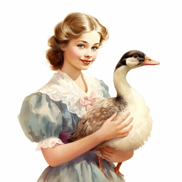 Foto gentle whimsy eine entzückende vintage-illustration einer dame, die eine gans umarmt