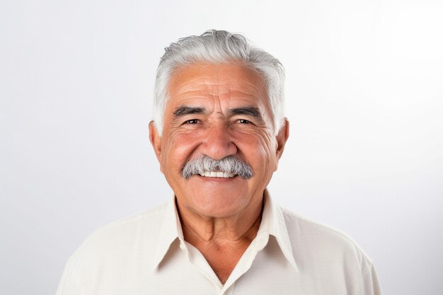 Gentleman simpático com bigode sorrindo em fundo branco ia generativa