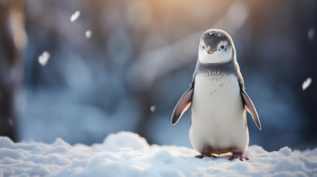 Gentoo-Pinguin steht im kalten Winter auf dem Schnee