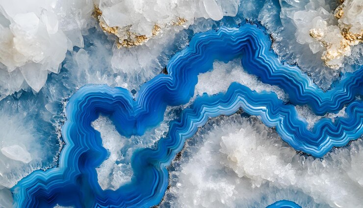 Geoda de ágata azul con cristales de cuarzo blanco