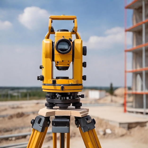 Foto geodätisches instrument gebäude im bau optischer theodolit geodätisch gerät auf stativ baustelle ohne jemanden geodätische qualitätskontrolle des baus ki generiert