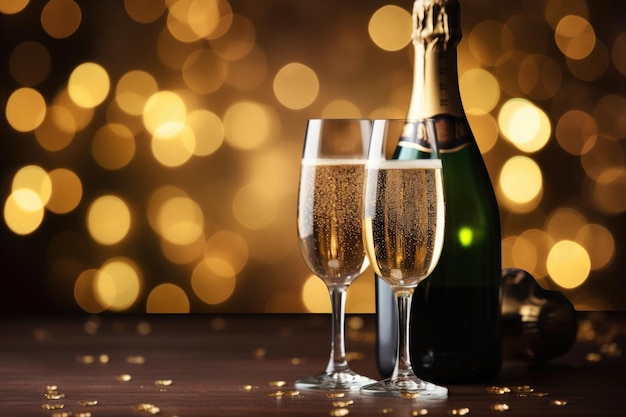 Geöffnete Champagnerflasche und zwei Champagnergläser mit Bokeh-Hintergrund, KI-generierte Illustration
