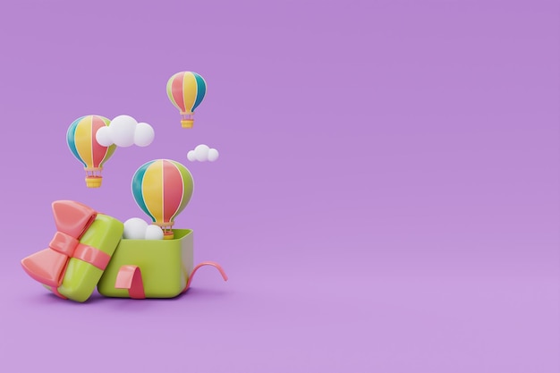 Geöffnete Geschenkbox mit buntem Heißluftballon und Wolke, die auf lila Hintergrund schwimmt Sommerzeit-Konzept 3D-Rendering