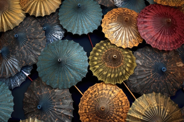 Geöffnete Regenschirme, die verschiedene Muster von oben zeigen, erstellt mit generativer KI