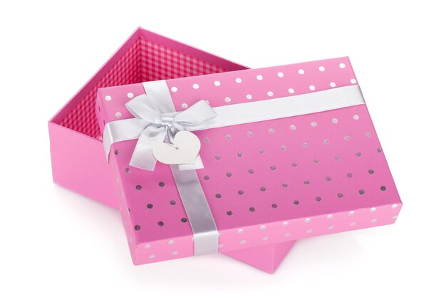 Geöffnete rosa Geschenkbox mit Schleife und Schleife