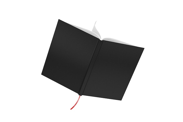 Geöffnetes Buchmodell mit schwarzem Cover und freiem Platz für Ihr Design auf weißem Hintergrund. 3D-Rendering