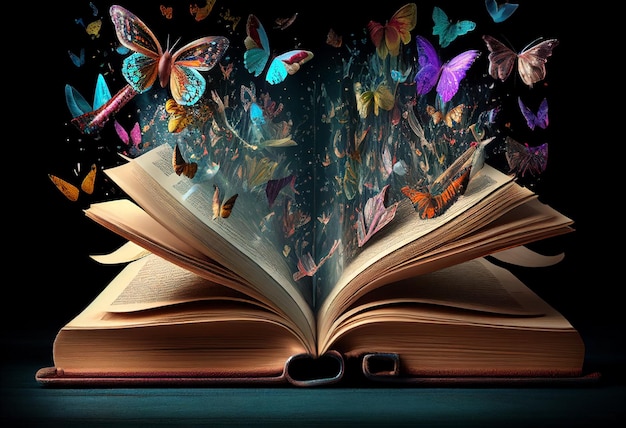 Geöffnetes magisches Fantasy-Buch mit magischen fliegenden Schmetterlingen über nach oben gerichteter generativer KI