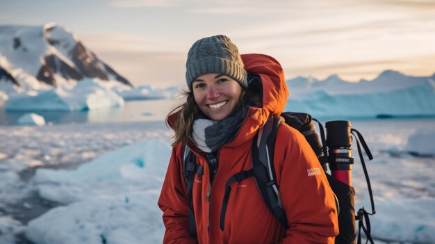 Geógrafo en el trabajo de campo documentación de formaciones de hielo revestido de engranajes polares