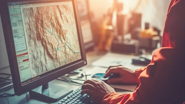 Foto geólogo analizando datos del terreno en una computadora en la oficina