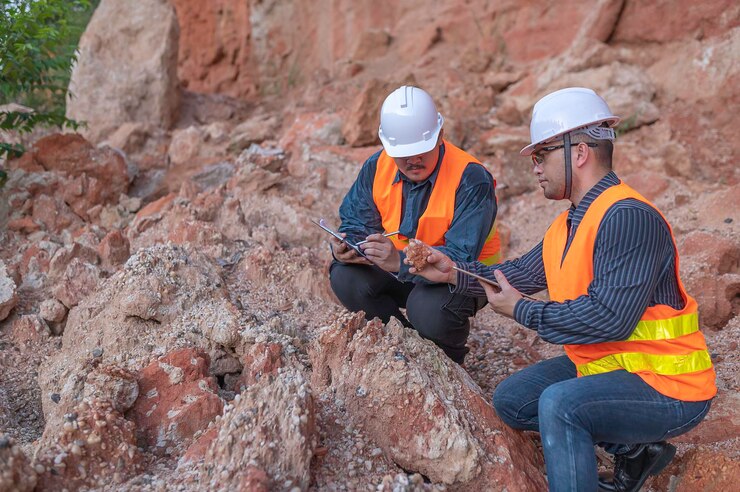 Geólogo inspeccionando una minaExploradores recogen muestras de suelo para buscar minerales