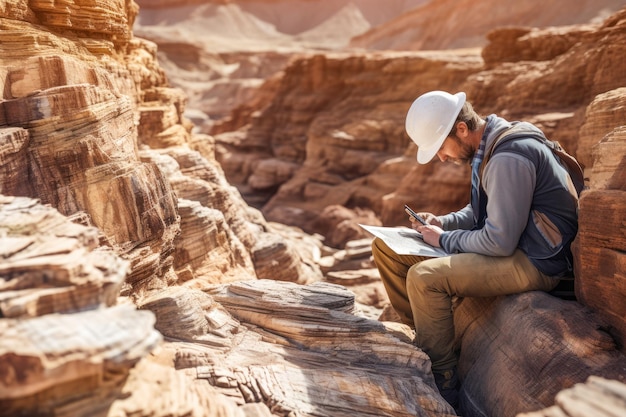 Foto un geólogo que trabaja al aire libre con un casco, gafas y martillo explorando rocas y minerales en el entorno natural