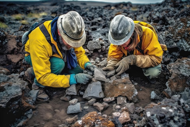 Geólogos examinando amostras de rochas para teor de urânio e IA geradora de qualidade