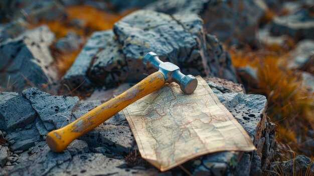 Los geólogos martilla y mapa en un terreno accidentado