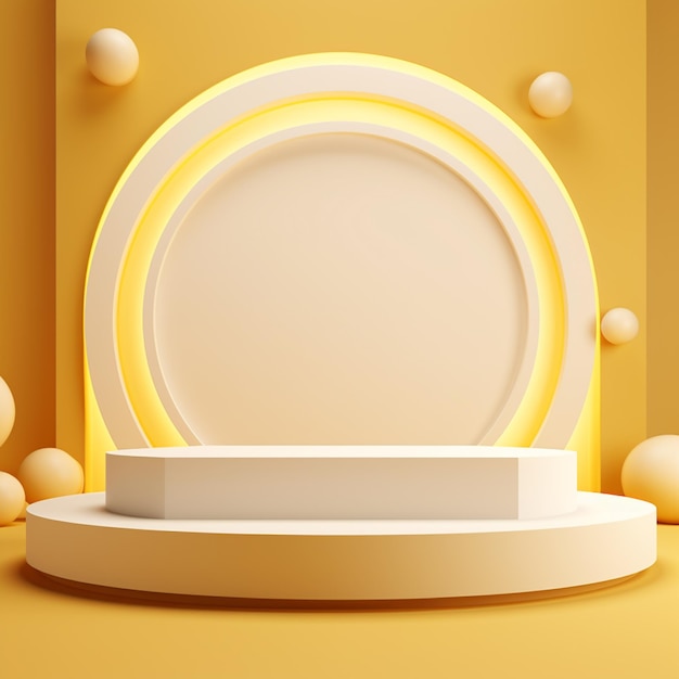 Geometria redonda do pódio branco de renderização 3D com cinza no fundo amarelo para exibição do produto