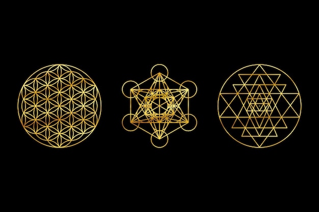 Geometria Sagrada Símbolos de Ouro em fundo preto Sri Yantra Flor da Vida Metatrons Cubo