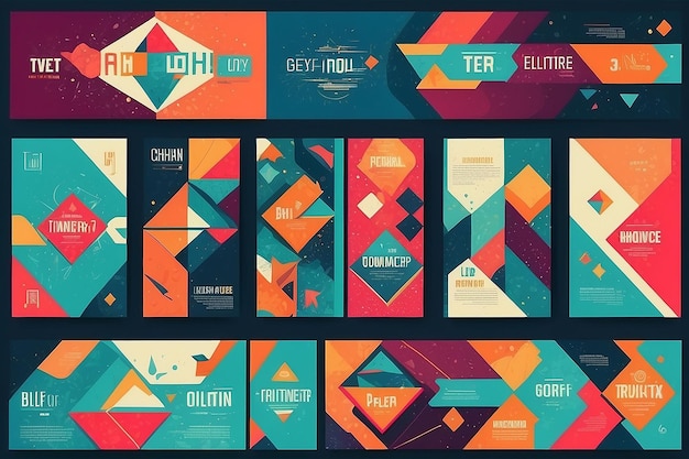 Geometric Vector Banners RetroColored Set com Padrões de Memphis