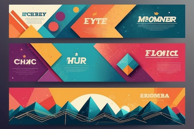 Geometric Vector Banners RetroColored Set com Padrões de Memphis