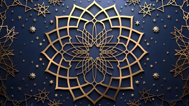 Geométrica hipnotizante com estrelas e polígonos dourados radiantes em um cenário azul atraente