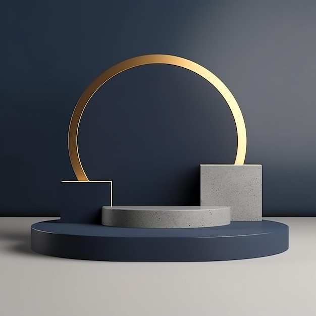 Geometrie geformtes Podium dunkelblau und Gold Produktstand Präsentation und minimaler Stil