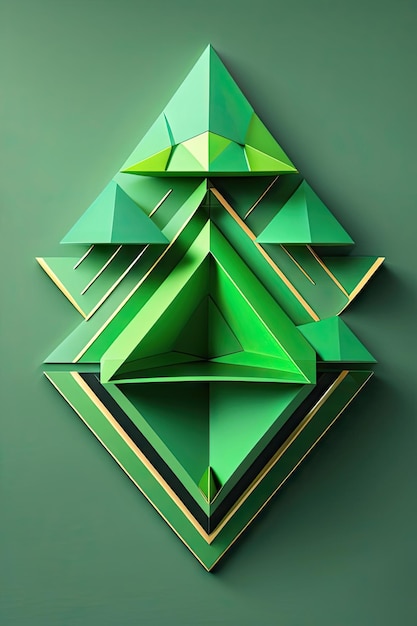 Geometrische Figur bestehend aus grünen Dreiecken, Draufsicht, flache Lay-Komposition