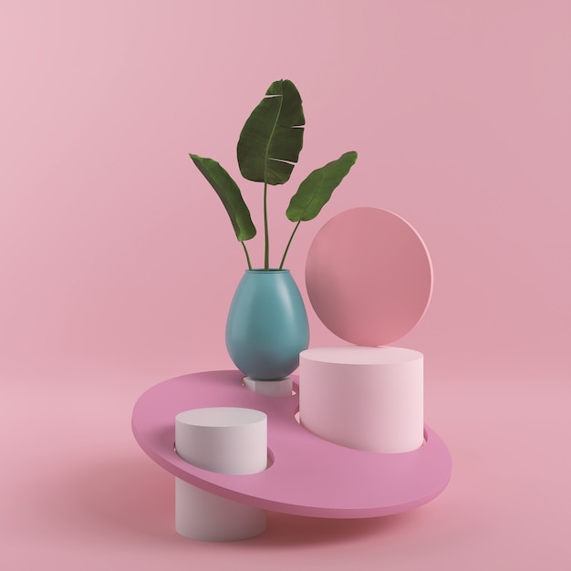 Geometrische Form der abstrakten rosa Farbe, moderne minimalistische Podiumsanzeige oder Schaufenster, 3D-Darstellung