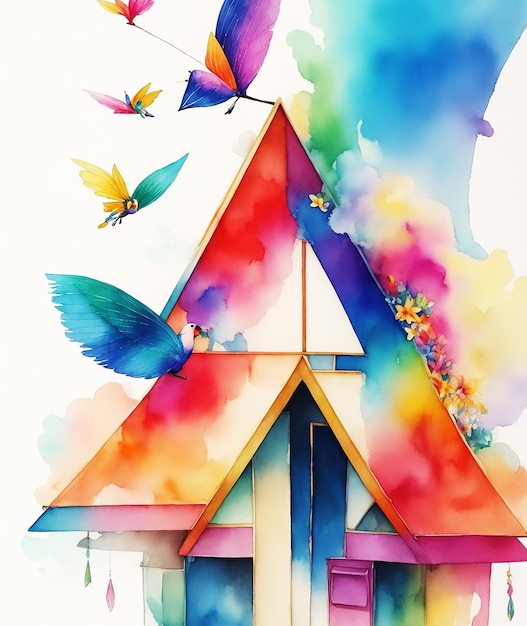 Geometrische Hütte Vögel Paradies Schmetterling Blumen Regenbogen flauschige Farbe auf Papier HD-Aquarellbild