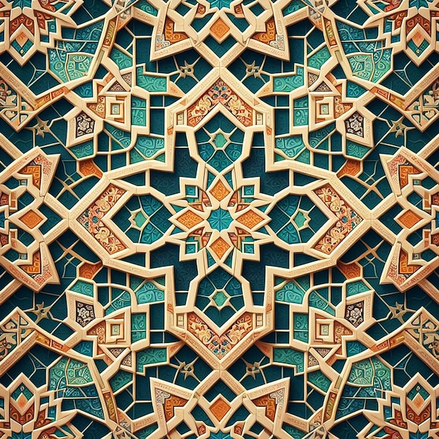 Geometrische islamische Fliesenmuster in traditioneller Teal-Terrakotta und Gold