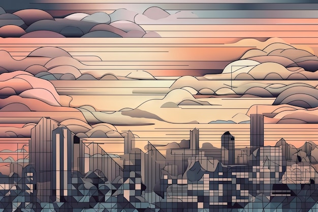 Geometrische Linienkunst der Skyline der Stadt mit dramatischen Wolken und Sonnenuntergang, erstellt mit generativer KI