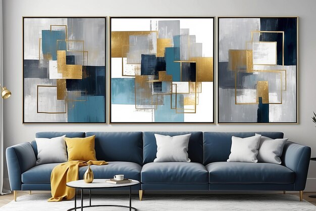 Geometrische Moderne Kunst Grau Blau Gold Abstract Print Set