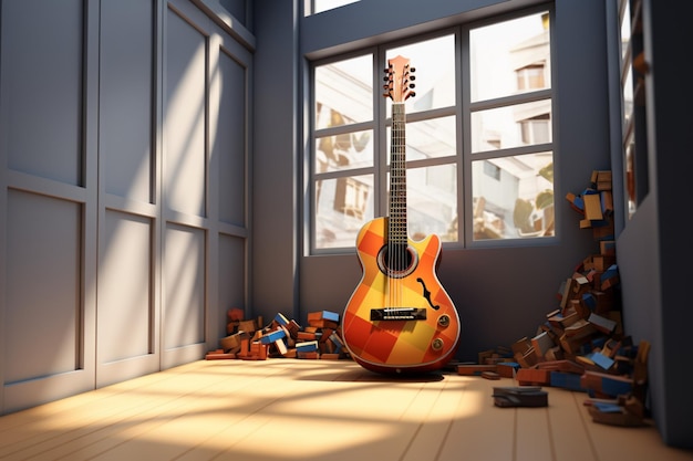 Geometrische Präzision verschmilzt mit Gitarrenkunst in einem 3Drendered architektonischen Rendering