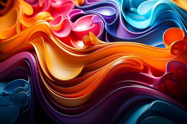 Geometrische Streifen, die Wellen ähneln. Abstrakte, farbenfrohe, leuchtende, sich kreuzende Linienmuster, 3D-Illustration erzeugen KI