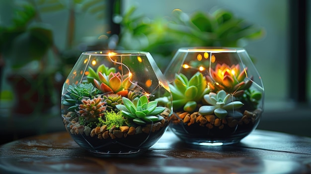 Geometrische Terrarien gefüllt mit Sukkulenten und Feenlampen für einen modernen Look auf weißem Hintergrund 4k ultra hd