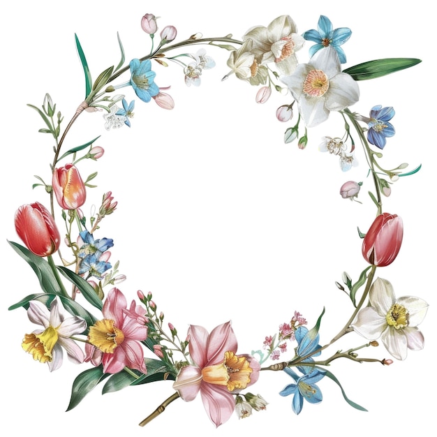 Geometrischer Blumenkränz mit grünen Blättern und Blumen Aquarellkunstwerk AIG56