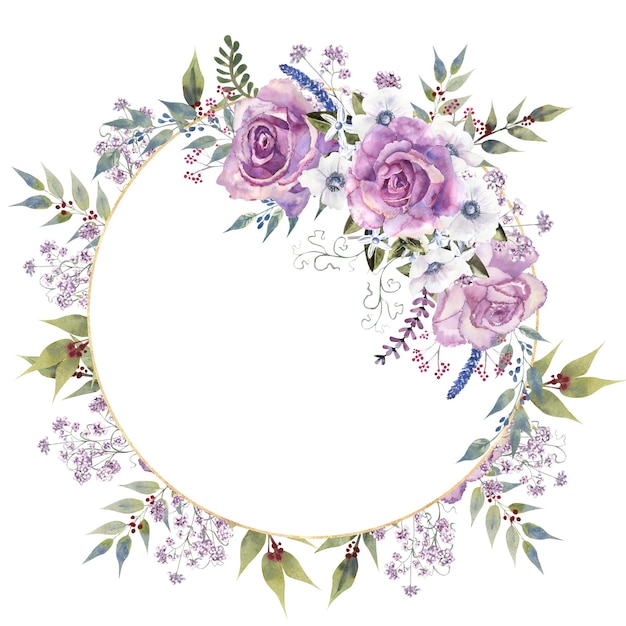 Geometrischer Blumenrahmen mit lila Rosen und Anemonen in einer Glasvase auf weißem, isoliertem Hintergrund Handgezeichnete Aquarellillustration