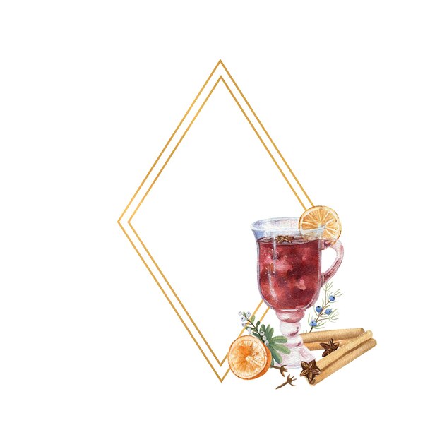 Geometrischer Goldrahmen mit einem Glas Glühwein, Zitrone und Winterdcor. Aquarellillustration