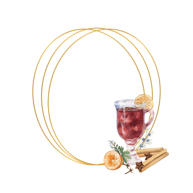 Geometrischer Goldrahmen mit einem Glas Glühwein, Zitrone und Winterdcor. Aquarellillustration