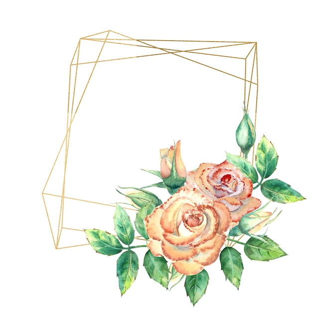 Geometrischer Goldrahmen verziert mit Blumen. Pfirsichrosen, grüne Blätter, offene und geschlossene Blüten. Aquarellillustration.