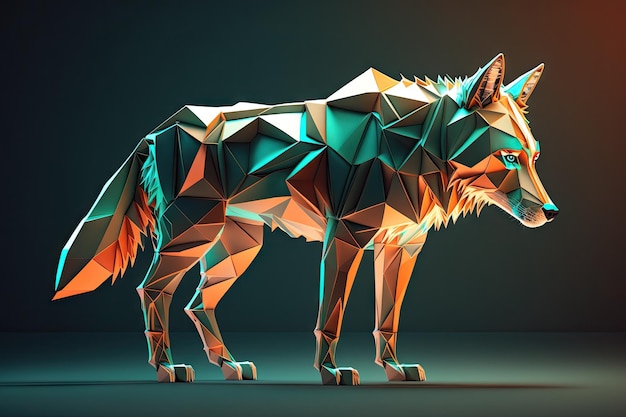 Geometrischer Wolf, orange, blaugrün, realistisch, hohe Detailgenauigkeit