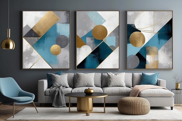 Geometrisches modernes Kunst-Grau-Blau-Gold-Abstrakt-Druckset