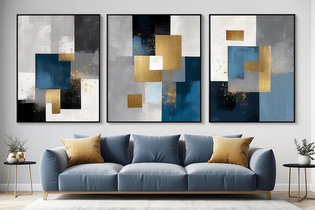 Geometrisches modernes Kunst-Grau-Blau-Gold-Abstrakt-Druckset