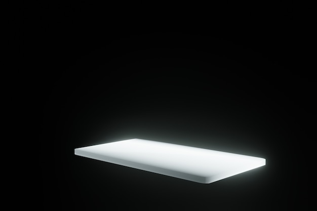 Geometrisches Smartphone mit einem leeren weißen Bildschirm-LED-Leuchtlicht auf 3D-Rendering mit schwarzem Hintergrund