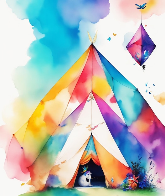 geometrisches Zelthüttenparadies Schmetterlingsblumen Regenbogen flauschige Farbe auf Papier HD-Aquarellbild