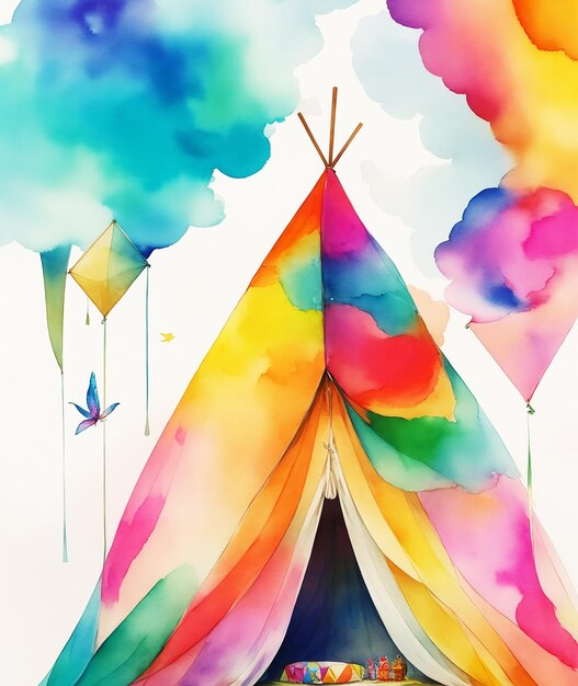 geometrisches Zelthüttenparadies Schmetterlingsblumen Regenbogen flauschige Farbe auf Papier HD-Aquarellbild