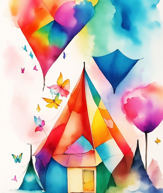 geometrisches Zelthüttenparadies Schmetterlingsblumen Regenbogen flauschige Farbe auf Papier HD-Aquarellbild
