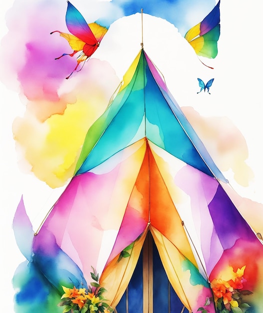 geometrisches Zelthüttenparadies Schmetterlingsblumen Regenbogen flauschige Farbe auf Papier HD-Aquarellbild